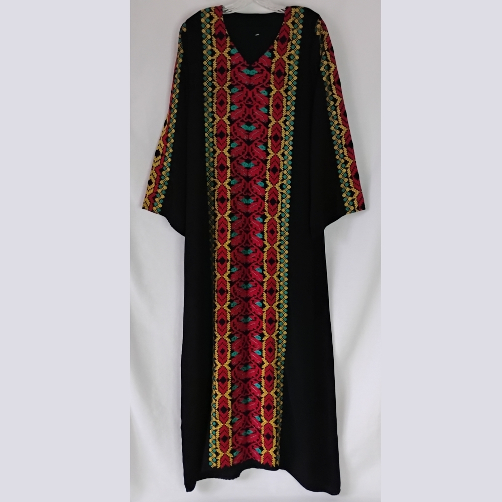 Women's Size Medium Multicolor Embroidered V-Neck Thobe Maxi Dress Bell Sleeves